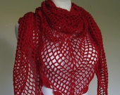 fishnet bright red blood red crocheted triangular shawl openwork - delectare