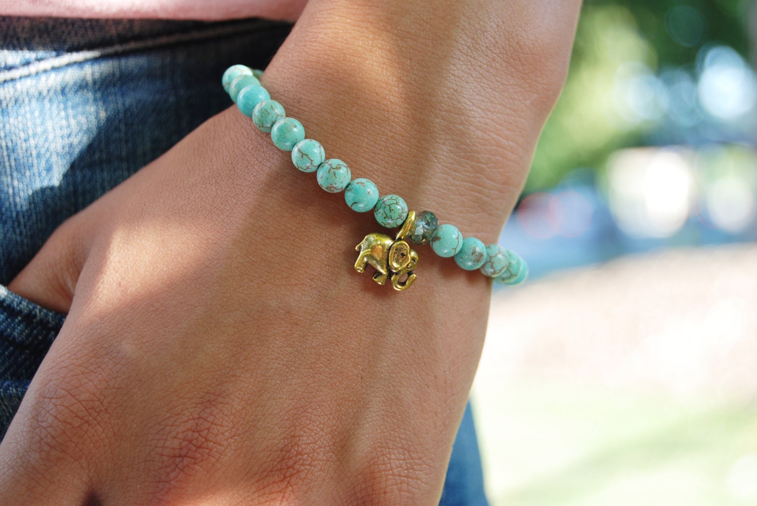 Elephant Bracelet, Teal Magnesite Gemstone
