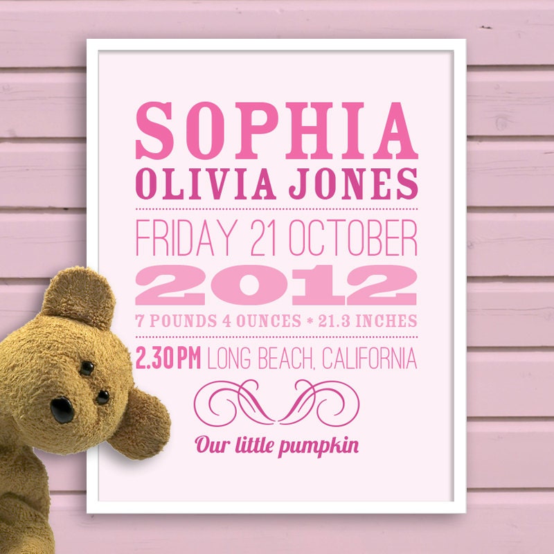 Custom Birth Announcement Prints (blue, pink, green, lavender, orange) - 8x10 inch - Nursery Wall Art