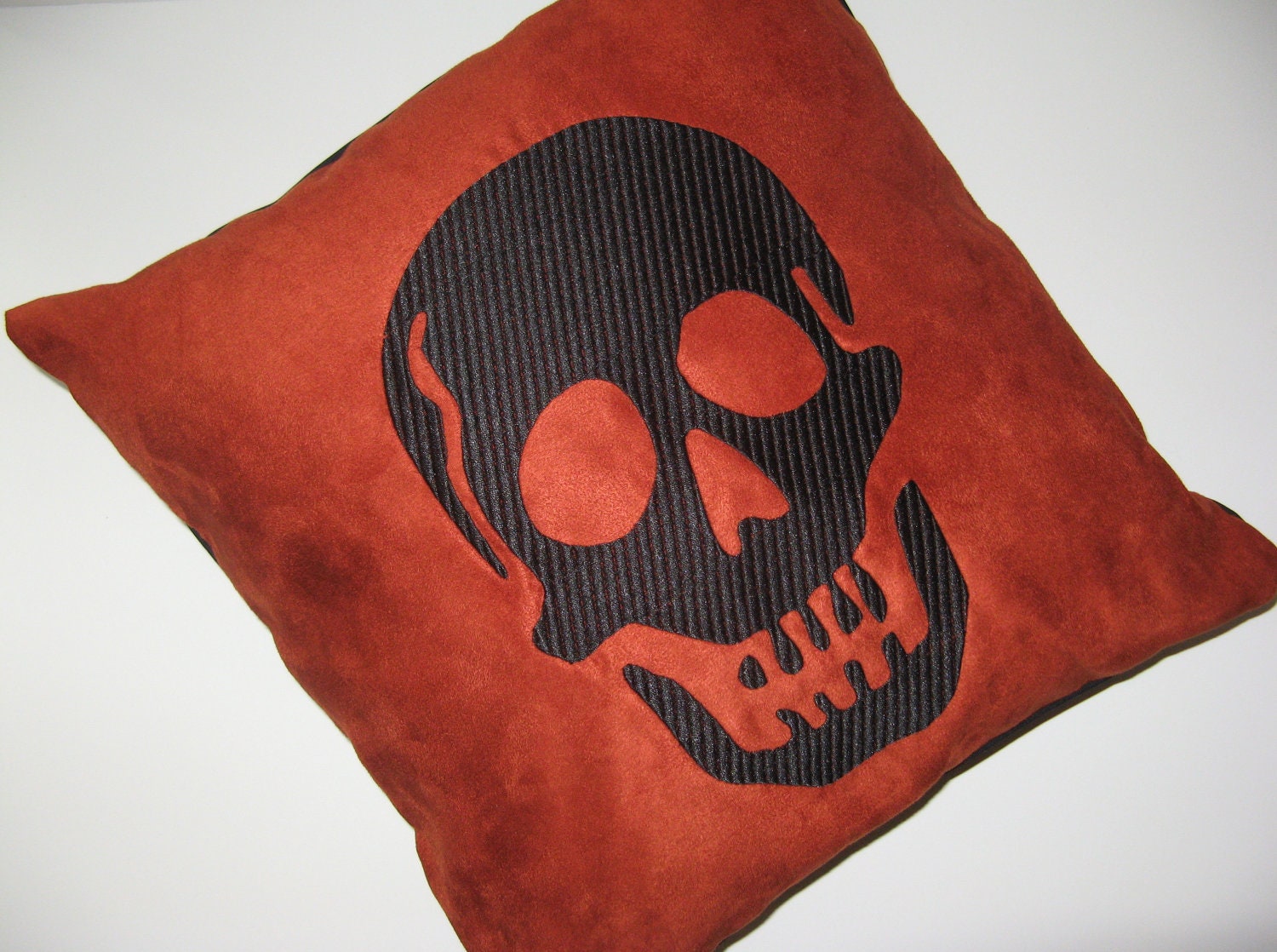 Skull Pillow Cover, Black Embroidered Skull, Orange Microsuede Skull Pillow 16 x 16 inch