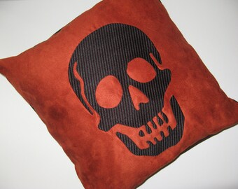 Skull Pillow Cover, Black Embroidered Skull, Orange Microsuede Skull Pillow 16 x 16 inch