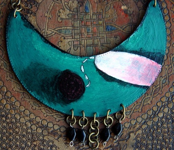 Painted Moon /// Green Black Rose Artisan Painted Cardboard and Pearl Brass Chain Choker Necklace Art Jewelry