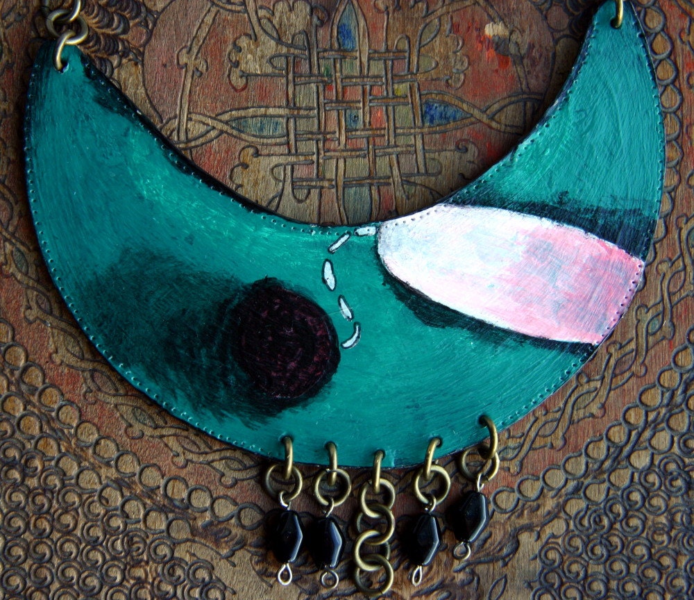 Painted Moon /// Green Black Rose Artisan Painted Cardboard and Pearl Brass Chain Choker Necklace Art Jewelry