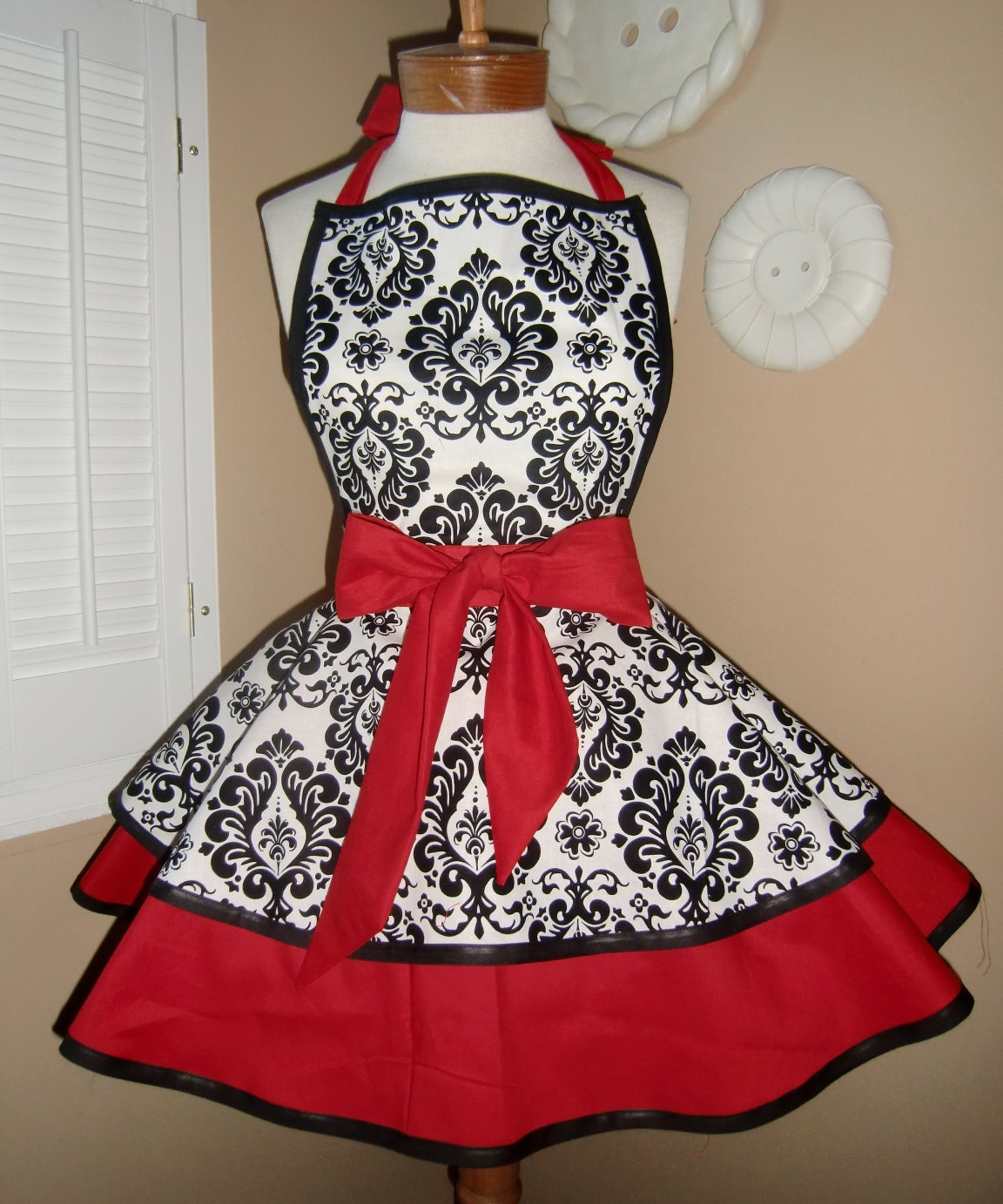 Damask Print Accented with Red Womans Retro Apron With Tiered Skirt And Bib