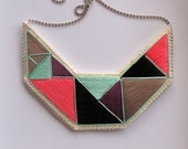 Embroidered statement necklace in mint green purple black gray and pink