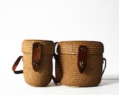 Set of two vintage MINI WOVEN Baskets with leather straps