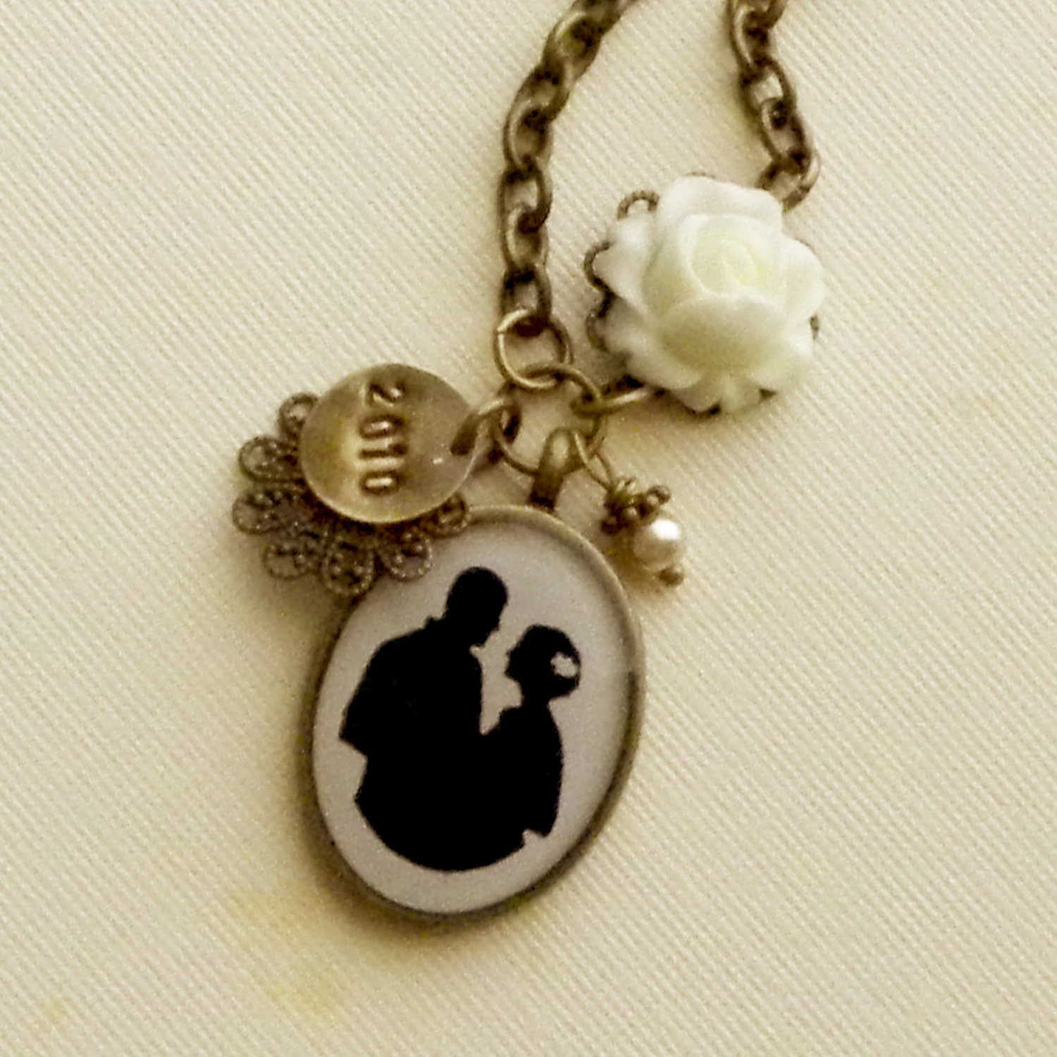 Custom Bride and Groom Silhouette Wedding Keepsake Pendant Necklace in Antique Brass Finish