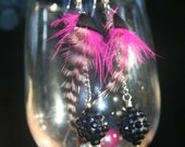 Feather Dangle Earrings Bohemian Style Hippie Natural Feather Jewelry Pink Rhinestone Ball Inspired By Miley Cyrus