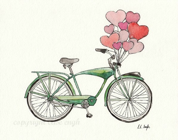 Fine Art Giclee Print Watercolor and Ink  Green Bike with Pink Hearts Painting, 8x10