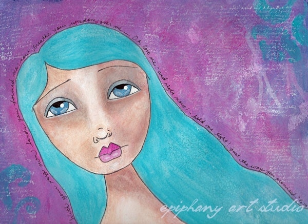 Inspirational Fine Art Print - Bright & Colorful Decor, Big Eye Girl, Psalm 119 Quote, Pastel Pink Blue - "Faith Keeper"