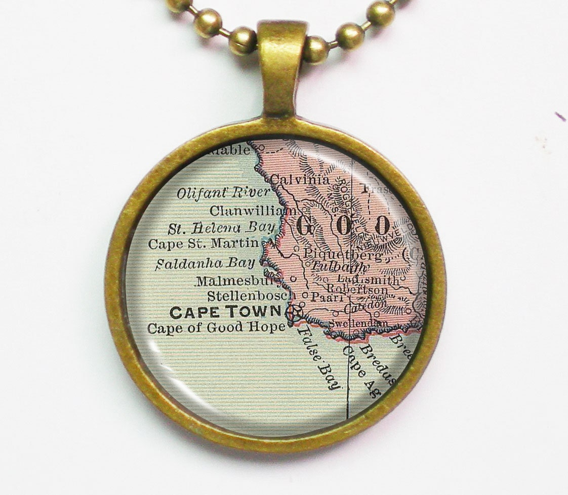 Vintage Map Necklace - Cape Town, South Africa -Vintage Map Series