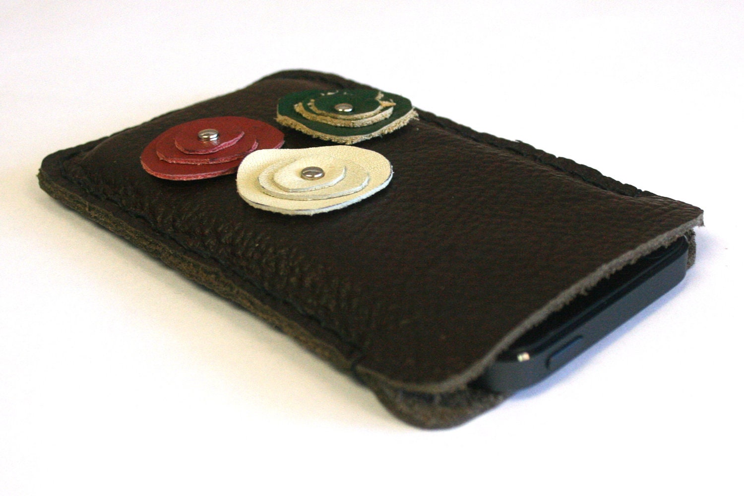 Hand Stitched Leather iPhone Case, Dark Brown with Flowers, by The Orange Windmill