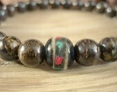 Mens Spiritual Bracelet - Bronzite and Tibetan Bone Mala Bead, Rustic Mans Brown Beaded Bracelet, Turquoise Blue Coral Red