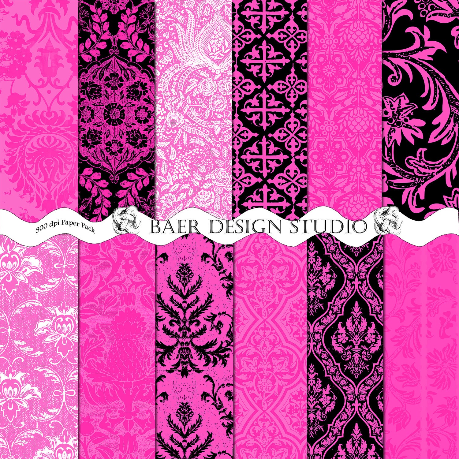 Hot Pink DAMASK Digital Paper- 12 x 12 printable paper -  Lingerie Showers, Blog Background, weddings, wallpaper, scrapbooking