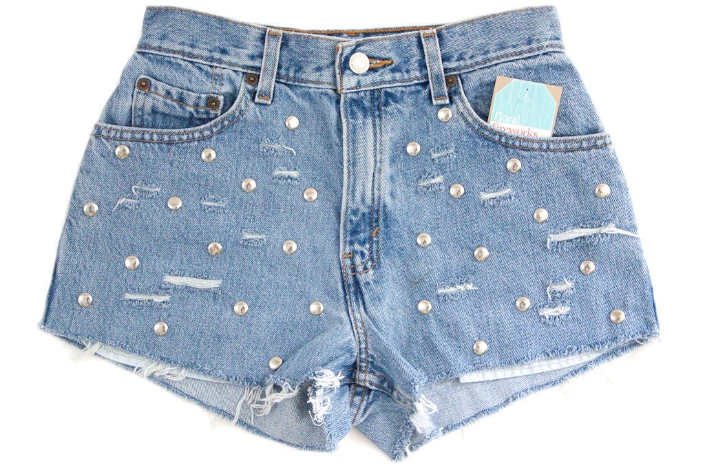 Studded Shorts Vintage Distressed High Waisted Blue Denim Hipster Boho Hippie Upcycled Levi Small W27