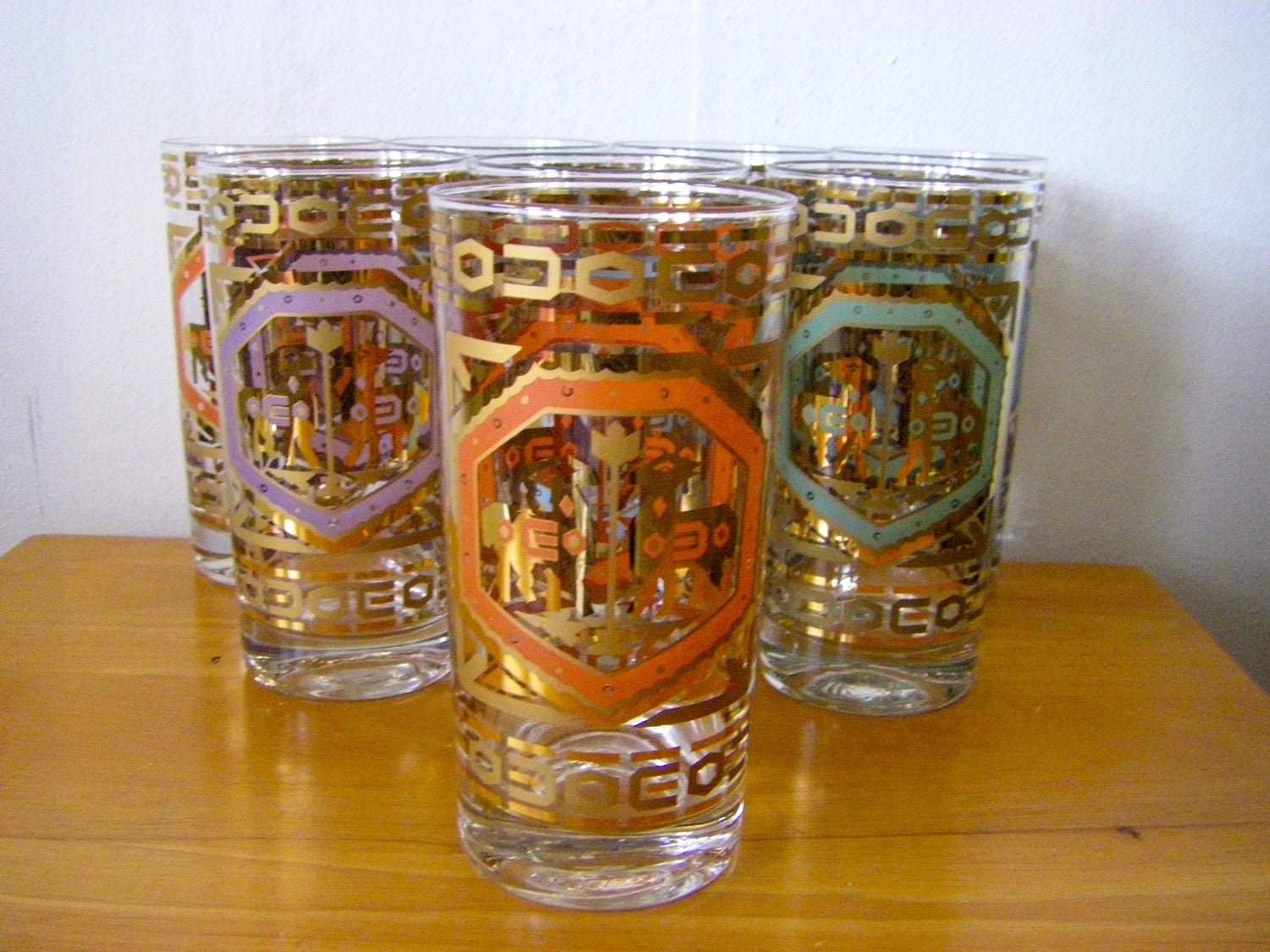 8 Vintage Gold Aztec Camel Glasses