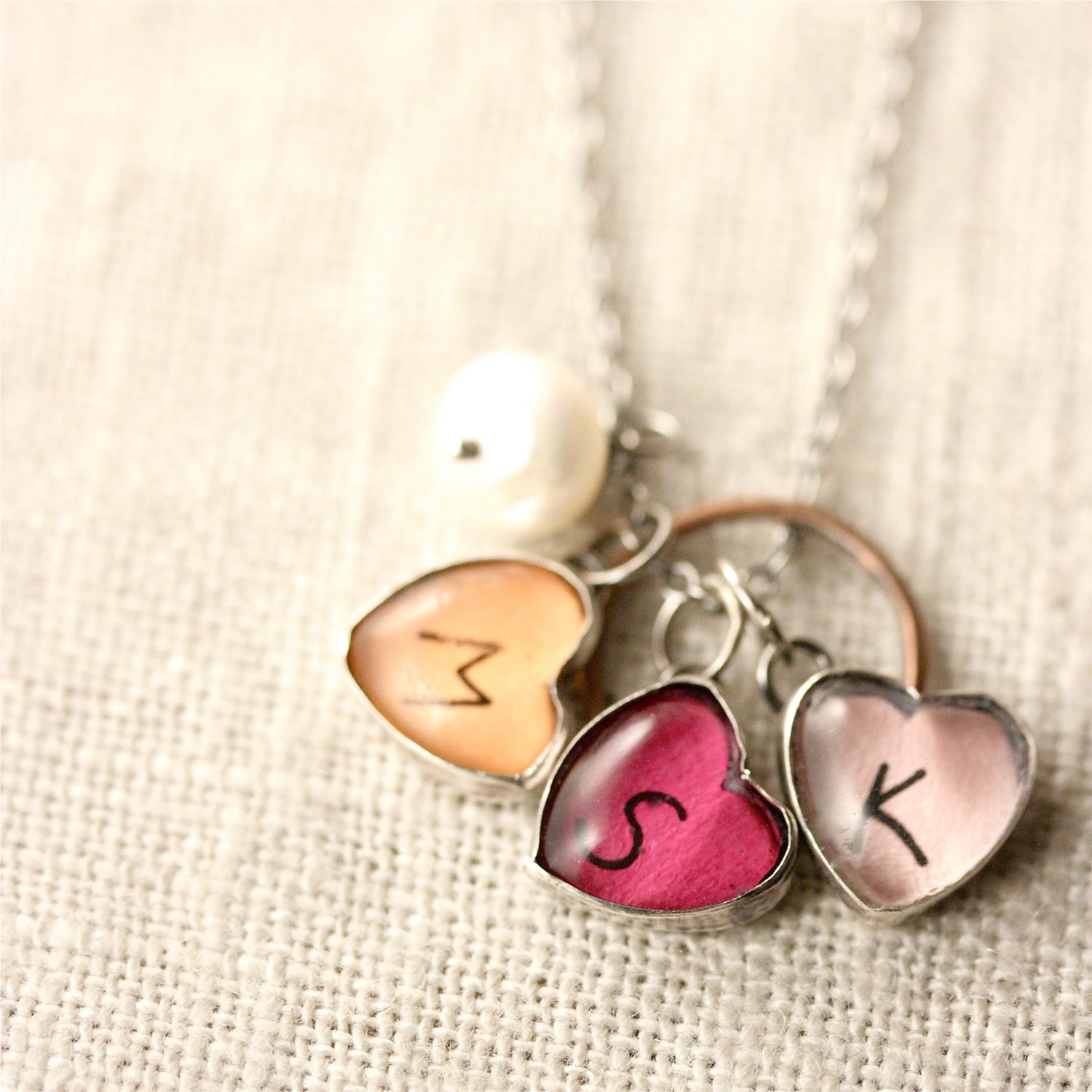 Mother Custom Charm Necklace - 3 Monogram Small Heart Cluster