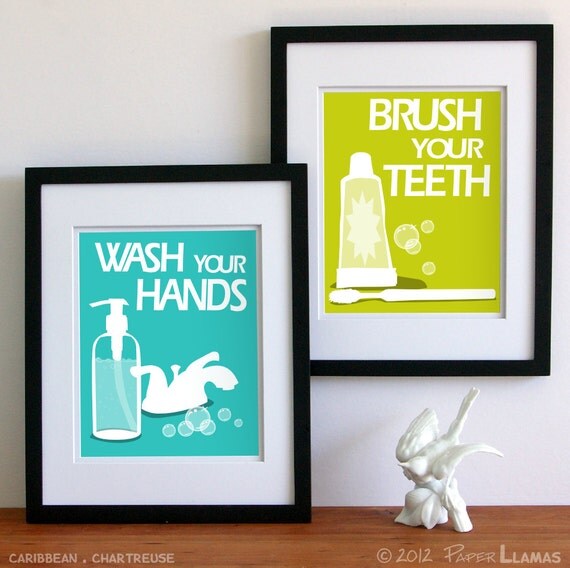 Childrens Bathroom Art Prints, Brush Your Teeth, Wash Your Hands, Wash Behind Your Ears, No Splashing Pick anyTwo 5 x 7 -custom colors