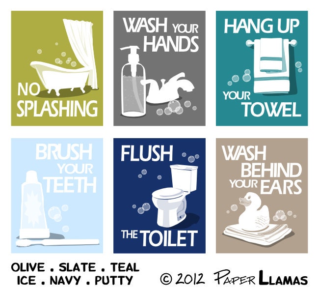 Childrens Bathroom Art Prints, Wash Your Hands, Brush Your Teeth, Wash behind your ears, set of 4 -custom colors- word art 8x10