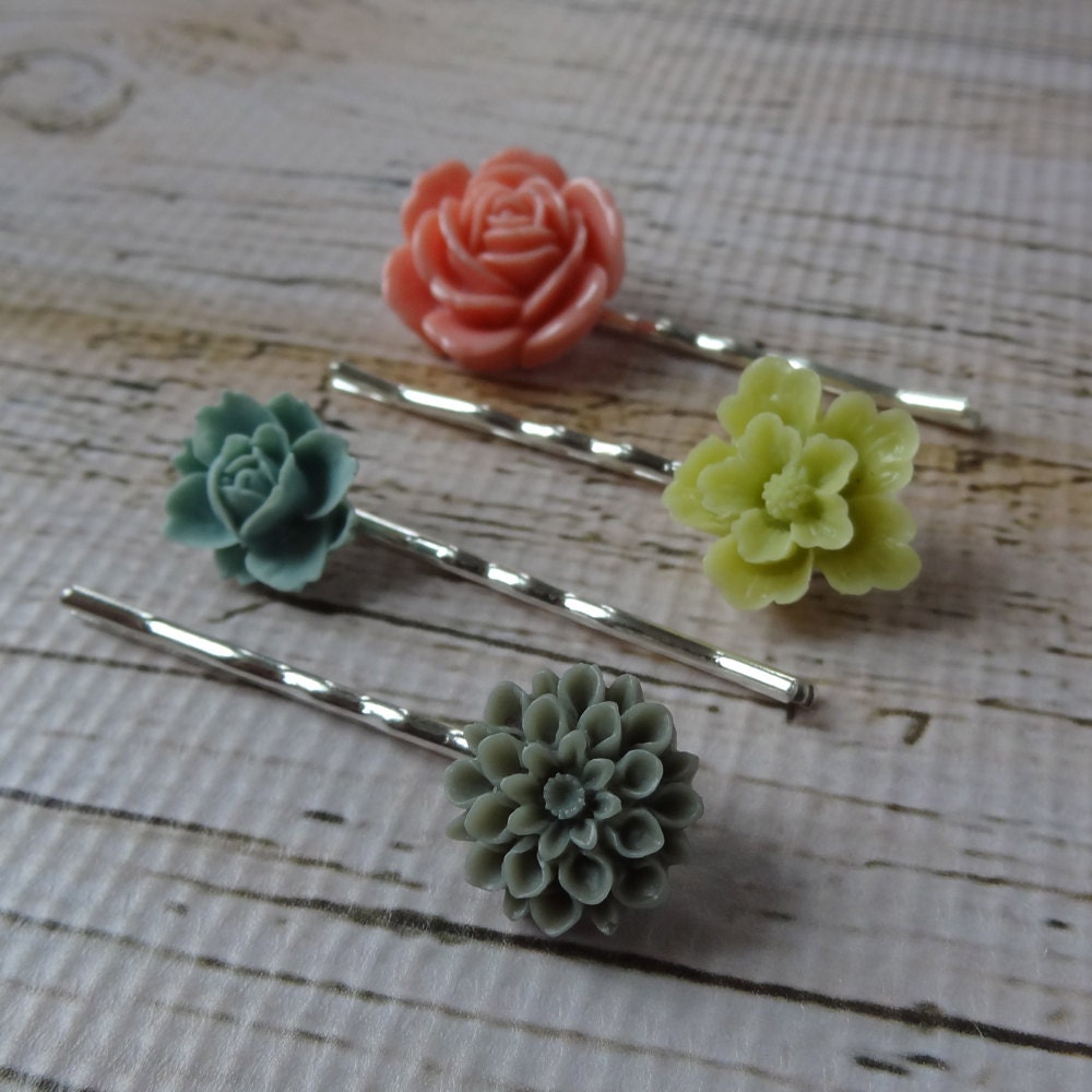 Morning Dew Bobby Pins Set - Four Pieces Silver Plated Bobby Pins with Pink, Lime Green, Light Blue and Gray Floral Cabochons