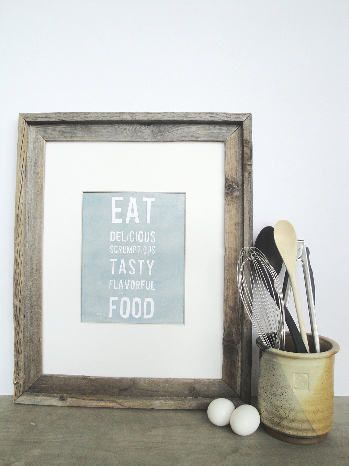 SALE Eat DELICIOUS Food Kitchen Poster Art Block Print 8 x 10 Home Decor / Silver, Subdued Blue / Hand Pulled Linocut