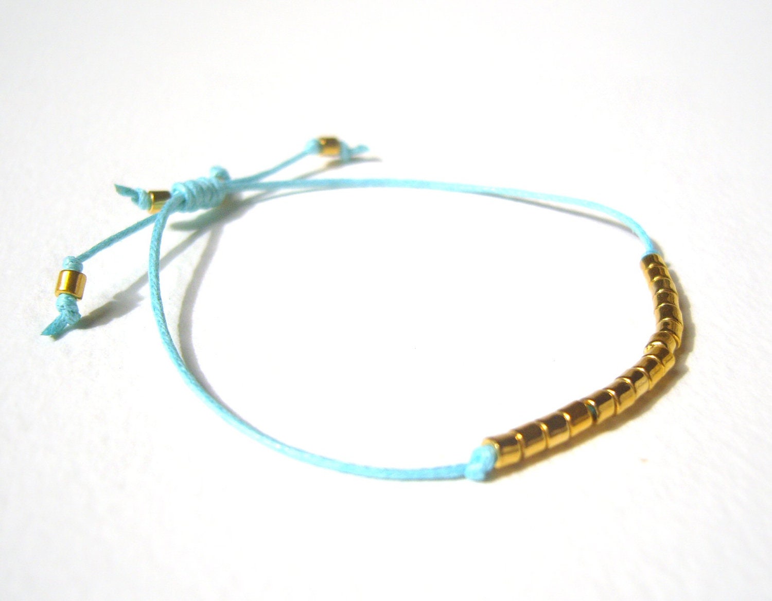 Beaded String Bracelet, Blue Cord Bracelet, 24K Gold Plated Bead Bracelet, String Jewelry