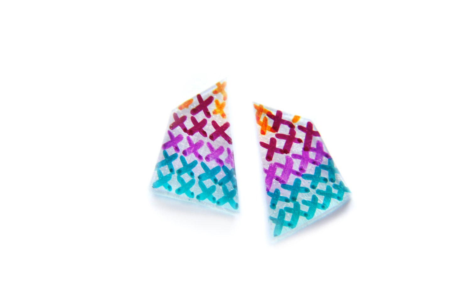 Shrink Plastic Cross Stitch Trapezoid Earrings (Blue/Pink/Maroon/Orange)