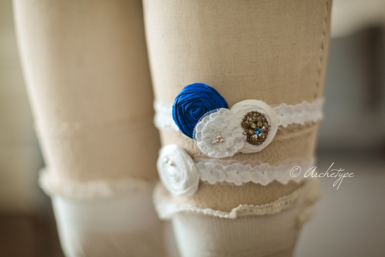 Something Royal Blue Wedding Garter- French White Lace Garter Set