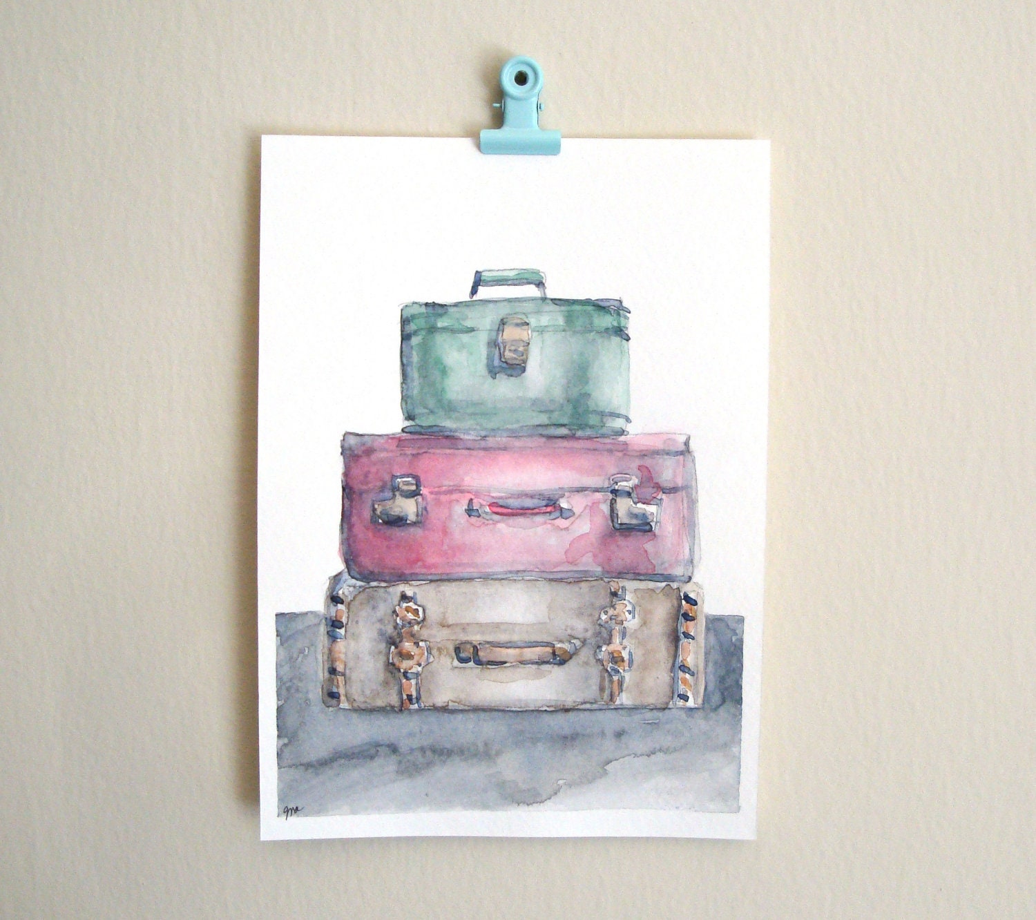 Travel watercolor painting luggage art vintage bags wanderlust painting graduate traveler