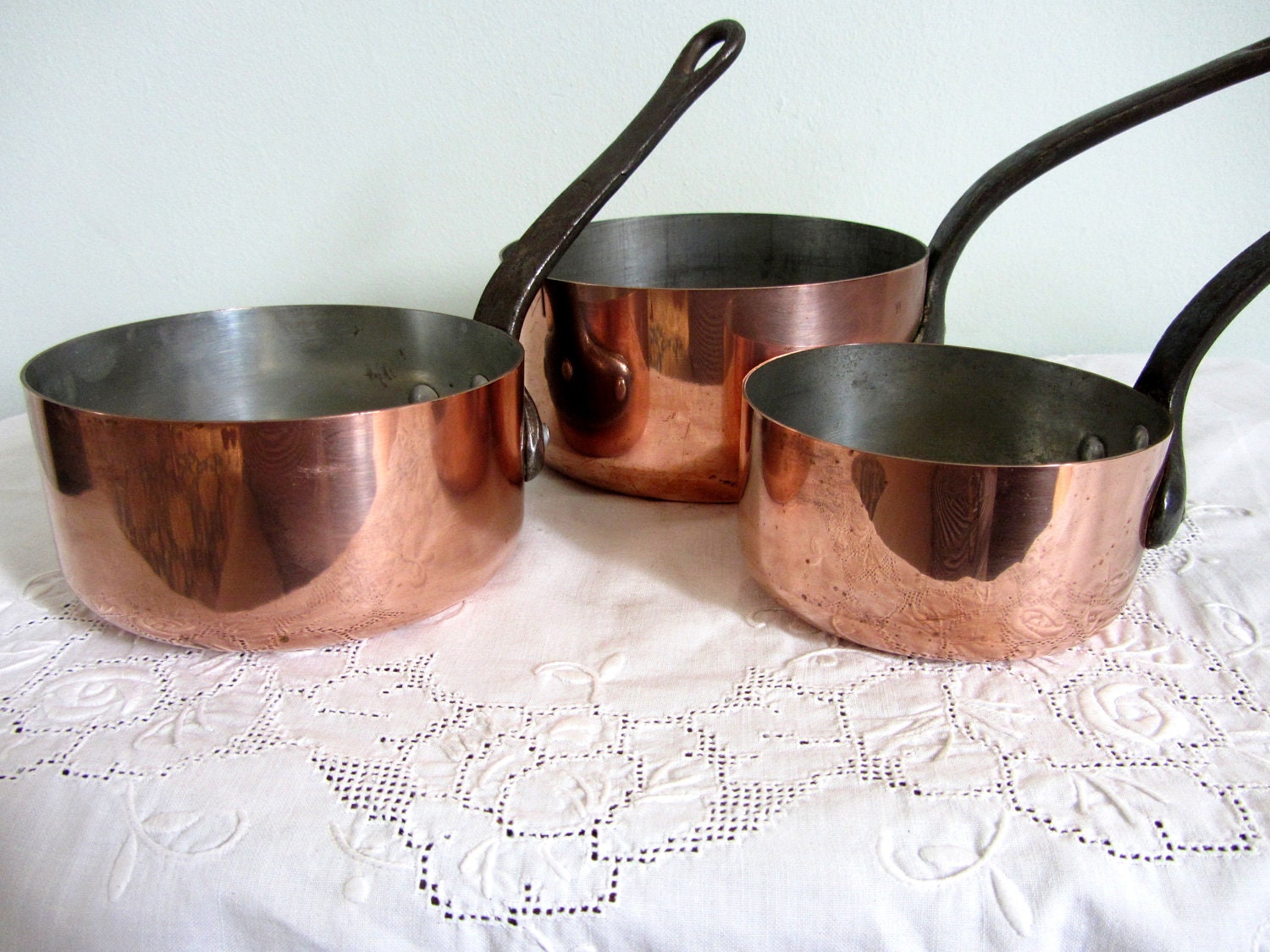 Three Vintage French Copper Cooking Pans with Cast Iron Handles