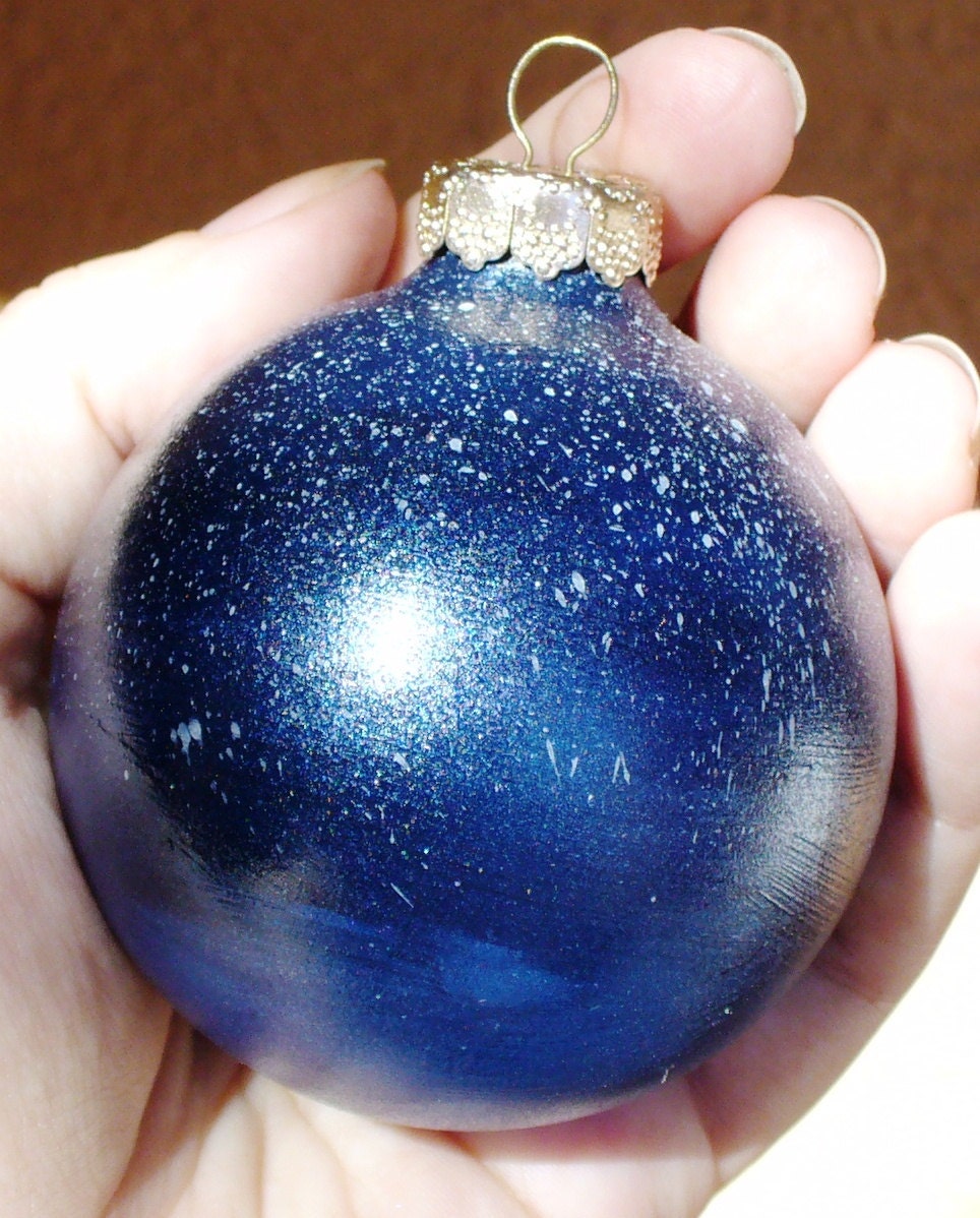 Hand painted Starry Night Sky Glass Christmas Ornament SOLID dark blue Galaxy night sky with shooting stars - Sparklysharpfabulous