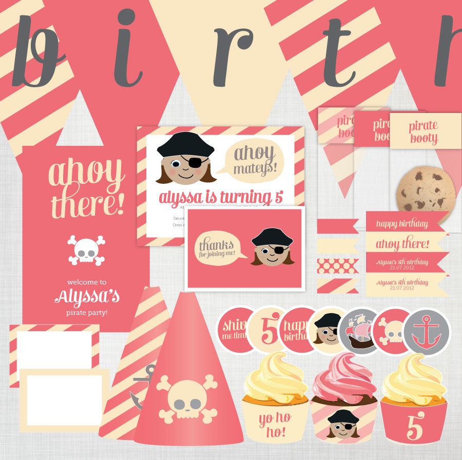 DIY Girls Pirate Party Decoration and Invitation Pack : more than 30 printable PDF pages