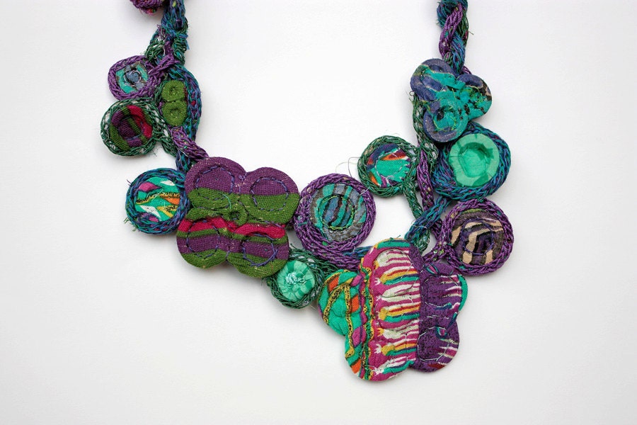 Handmade knitted necklace with bamboo and textile beads, purple blue green, OOAK - rRradionica