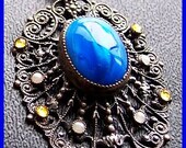 Edwardian Pendant & Chain Marbled Blue Cab Stone Yellow Rhinestones Silver Filigree Metal 2" VG
