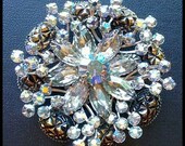 Vintage Brooch Pin Smoky Rhinestone Flower Design High End Beau Jewels 2.5" EX