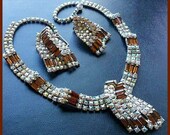 Vintage Rhinestone Necklace Earring Set Topaz & AB Color Silver Run Way Designer Jewelry VG