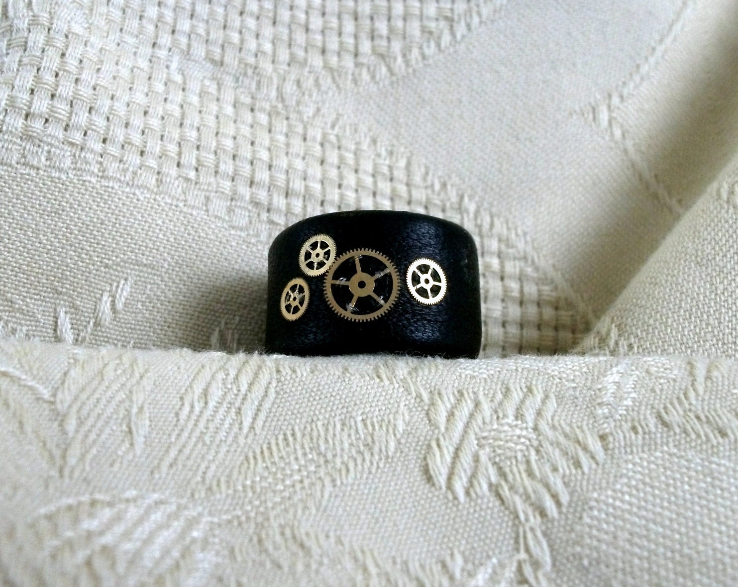 Steampunk ring with four cogs black leather band brass cog gear size  US 10 - 11    uk U V W  jewelry for him or her womens mens