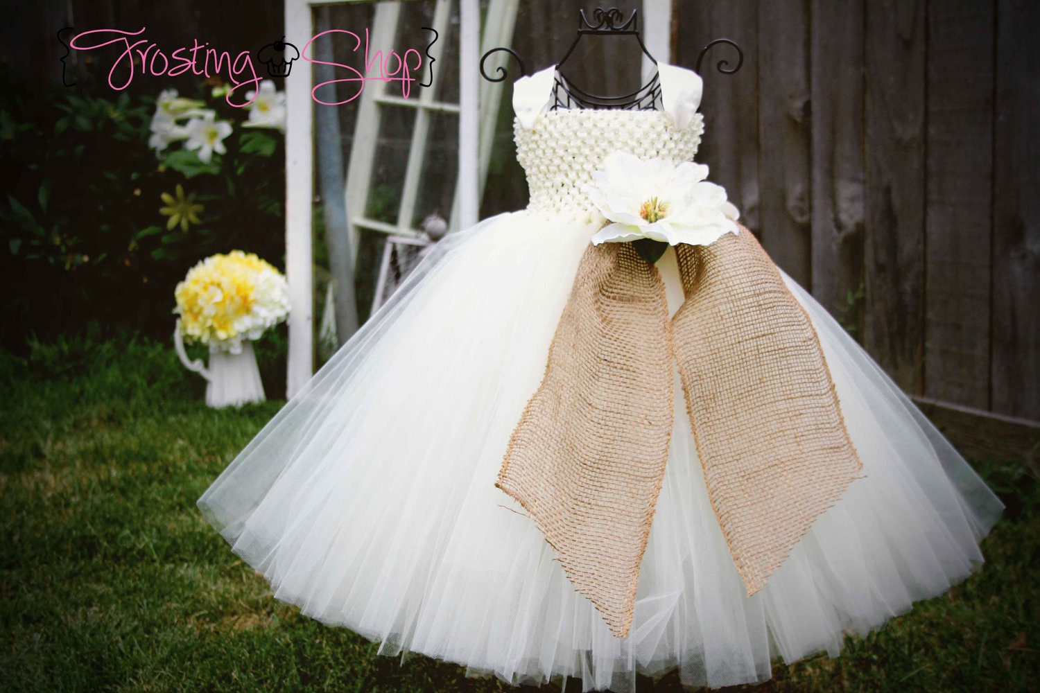 Burlap Tutu Dress- Vintage Wedding- Tulle color and flowers can be customized