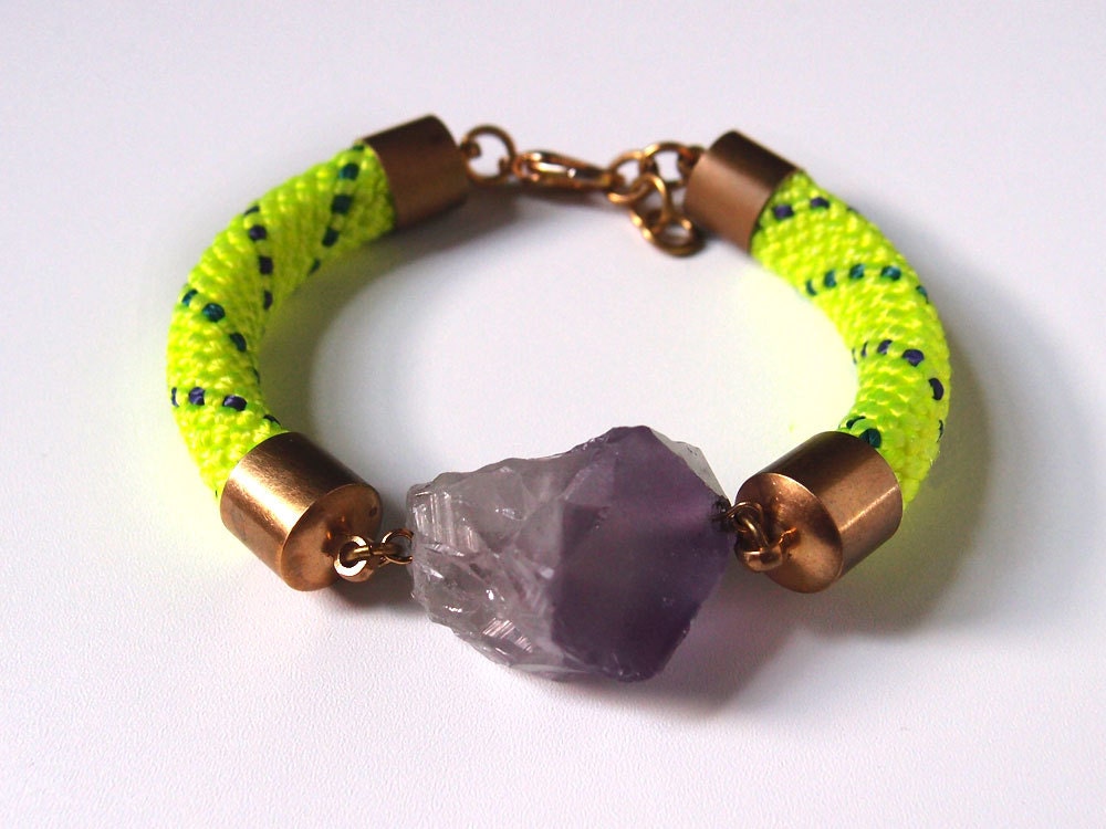 Amethyst-chunk neon paracord bracelet