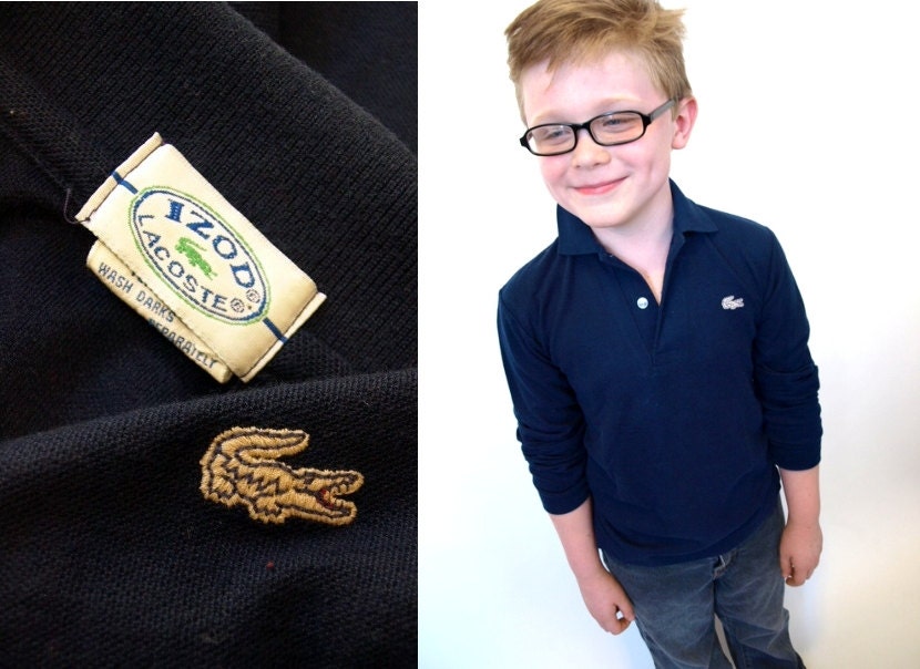 Vintage 80s Navy Blue boys kids Izod Lacoste Long Sleeve Shirt youth M
