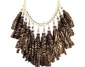 Large High Fashion Brown and Gold Leather, Animal Print, Swarovski Crystal Handmade Statement Bib Necklace, Fringe Necklace - Wearable Art
