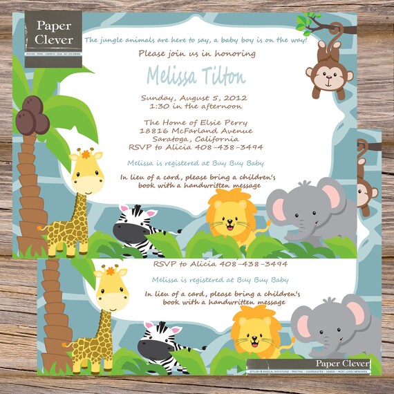 Boys Baby Shower Invitation jungle animals- digital file, printable Il_570xn