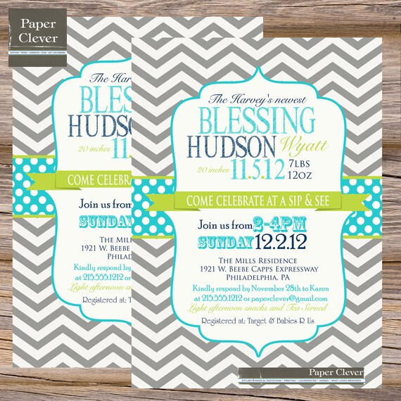 Boys baby shower invitation sip & see chevron stripe any color modern - digital file, printable Il_570xn