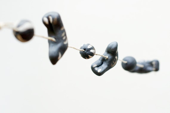 Ceramic Bird Garland- Vertical- Three Stoneware Birds and Beads