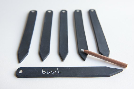 Chalkboard Garden Markers Herb Stakes SET OF 3- Black Stoneware by RossLab, white heart garden decor