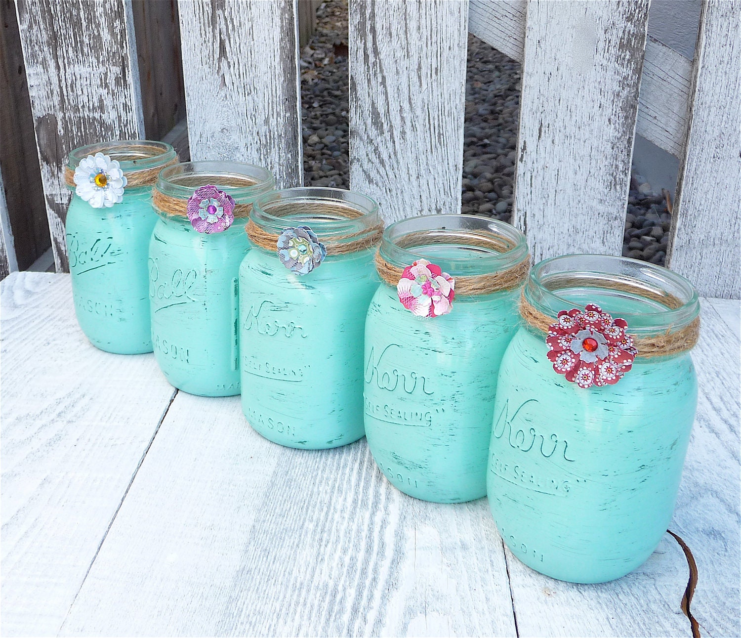 Set of 5 Upcyled Mason Canning Jars, Aqua Shabby Chic and Twine Embellished Centerpieces, Decor, Organization