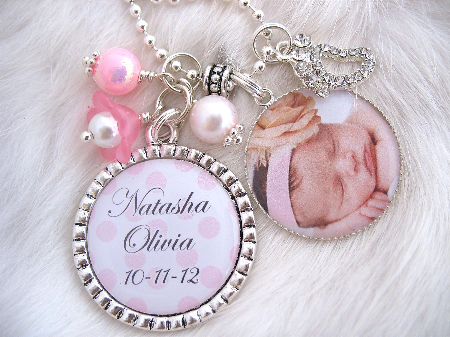 Personalized Baby Photo Pendant Bottle cap Keychain, BABY polka dot name birth date keepsake, present gift, baby shower baby bag tag