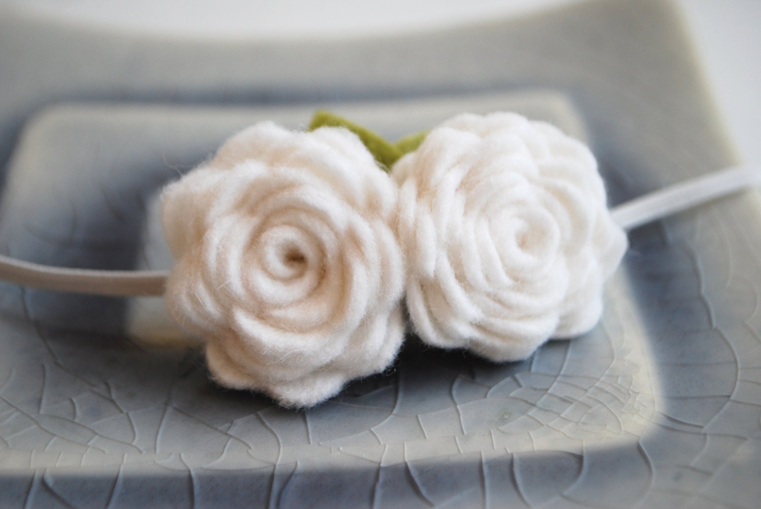 Double Wool Felt Flower Headband with Two Bright White Rosettes, 2 Felt Roses on a Thin Elastic Headband, Great for Babies, Girls and Adults
