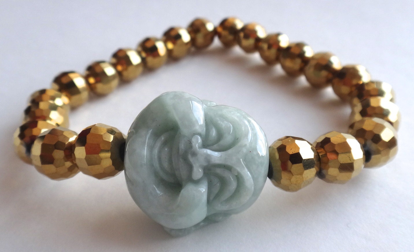 Gold Faceted Beaded Bracelet with Jade Green Buddha