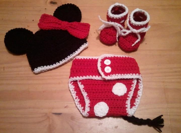 Baby Minnie Mouse Inspired Set Hat Diaper Cover Booties in Cherry Red Black White - Winter Outfit Newborn Boy Girl Thanksgiving Photo Prop